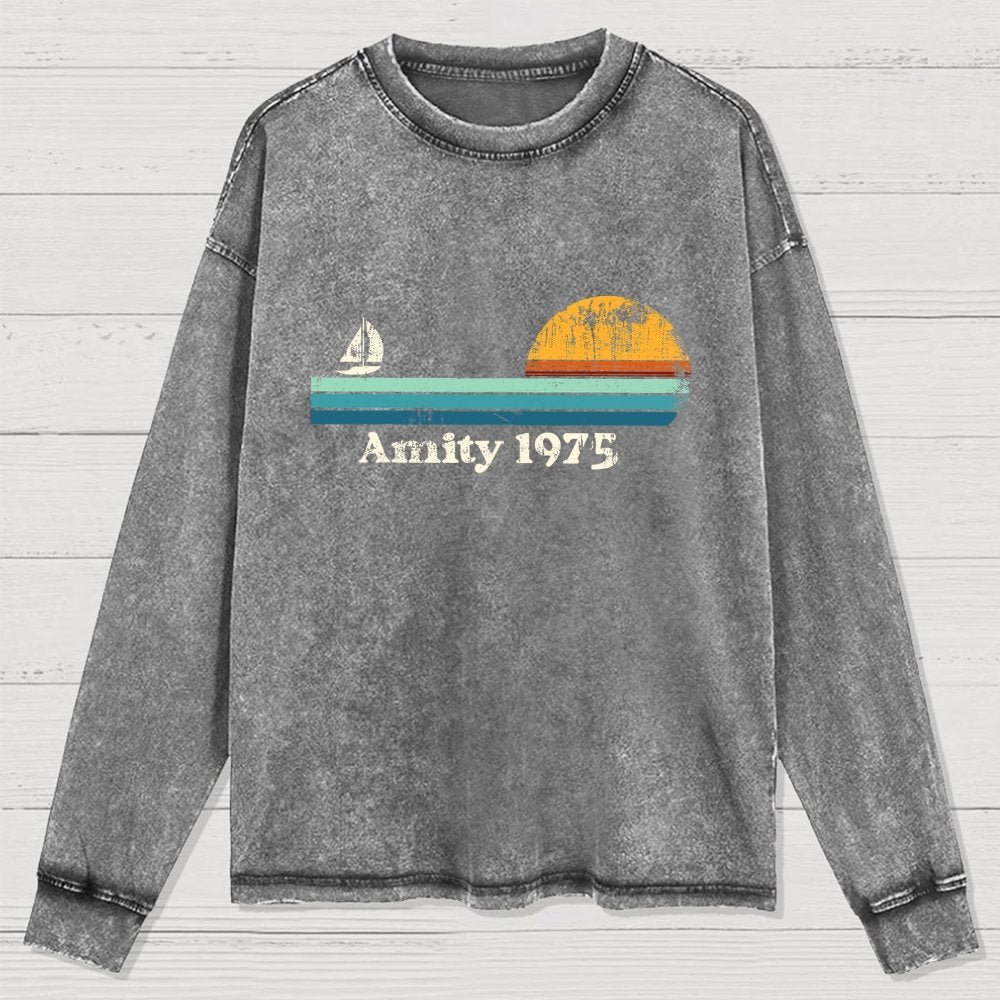 Amity 1975 Sunset Retro Sailboat Sunrise Summer Washed Long Sleeve Tee