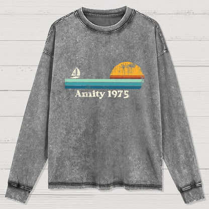 Amity 1975 Sunset Retro Sailboat Sunrise Summer Washed Long Sleeve Tee