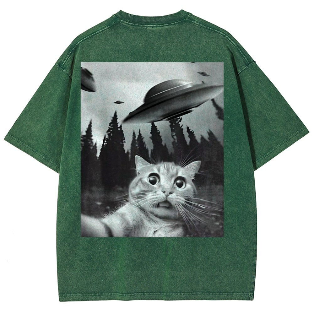 Ufo Cat Back Washed T-Shirt