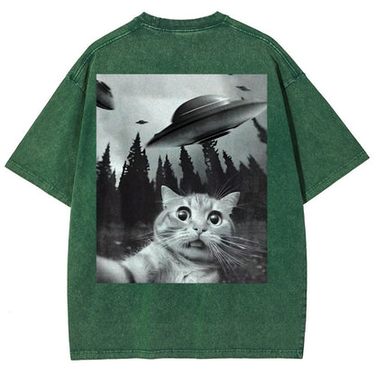 Ufo Cat Back Washed T-Shirt