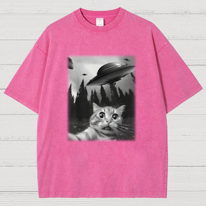 Cat With UFOs Vintage Distressed T-shirt