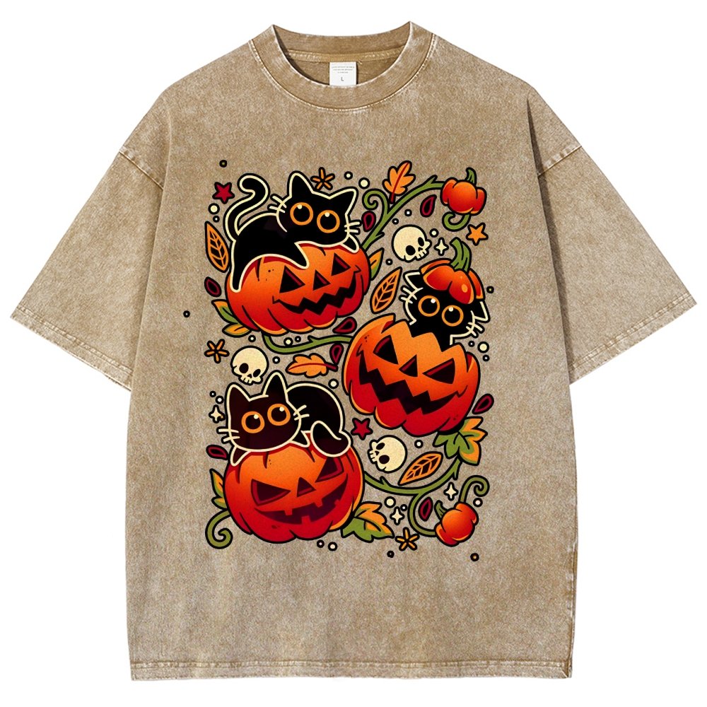 Black Cat Pumpkin Halloween Party Vintage Distressed T-shirt