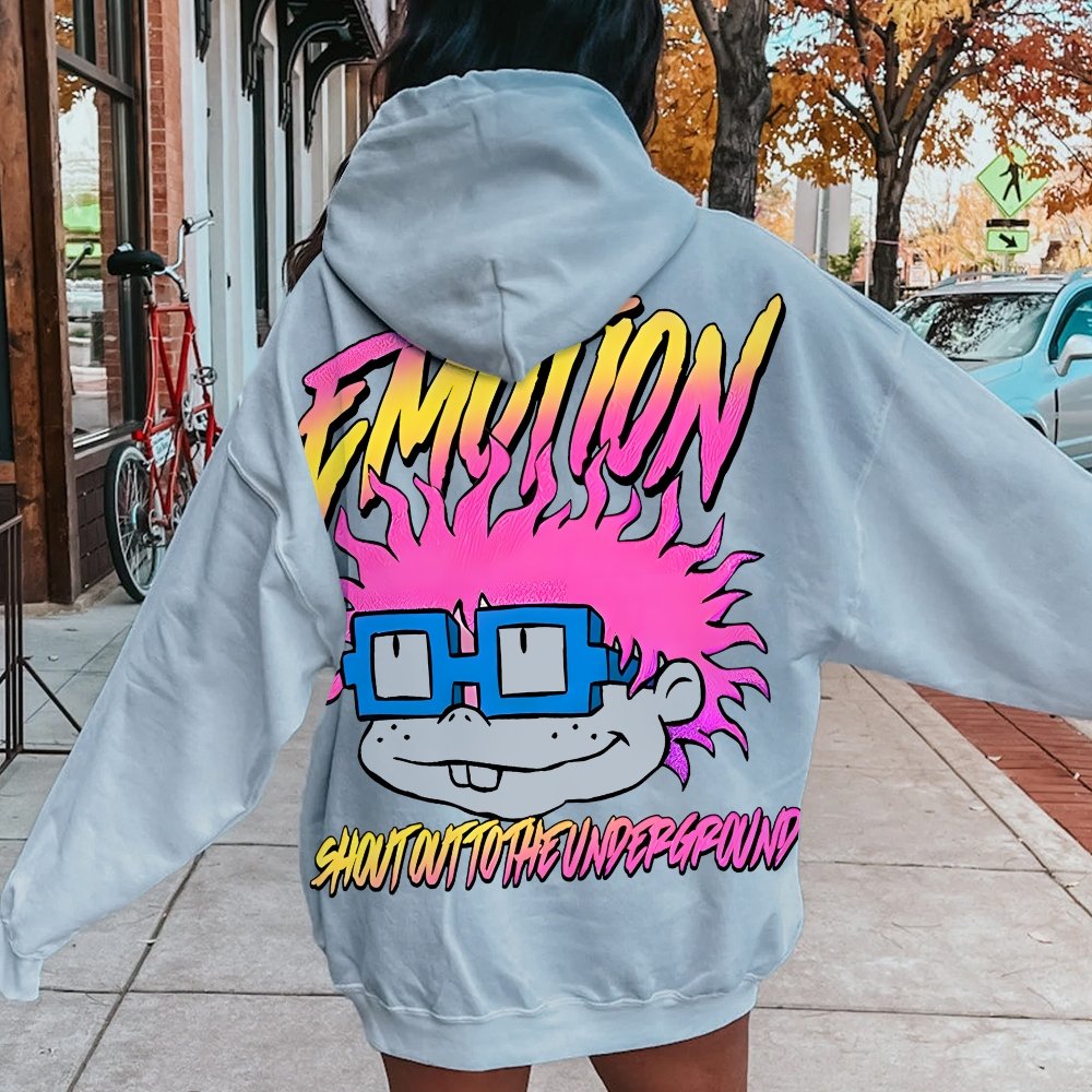 Vintage Cartoon Monster Graphic Print Printed Back Cotton Hoodie