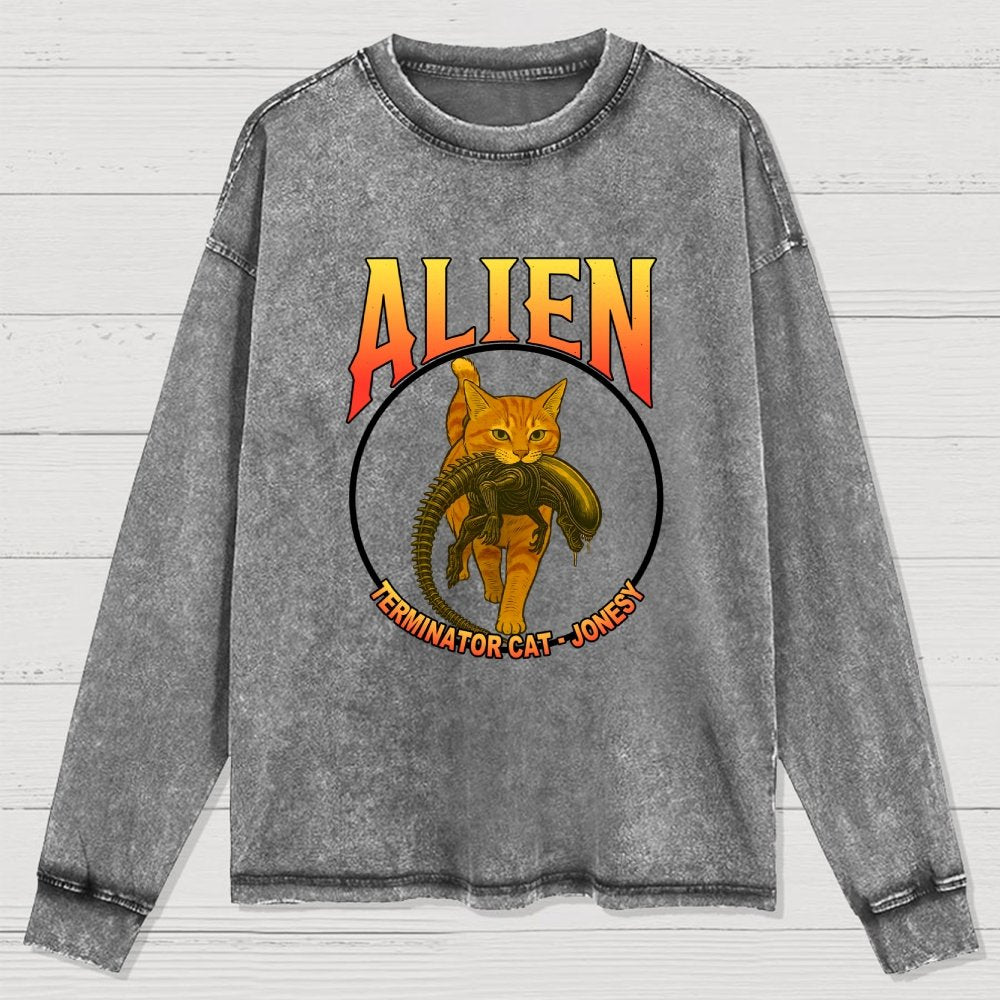 Black Cat Eating Alien Washed Long Sleeve Tee
