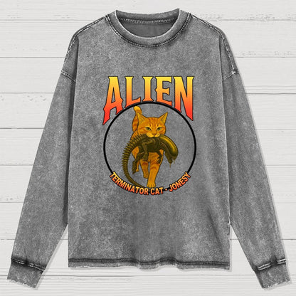 Black Cat Eating Alien Washed Long Sleeve Tee