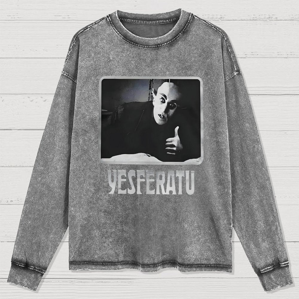 Yesferatu Funny Horror Retro Washed Long Sleeve Tee