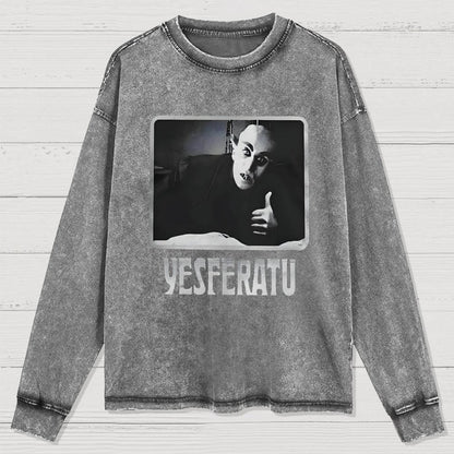 Yesferatu Funny Horror Retro Washed Long Sleeve Tee