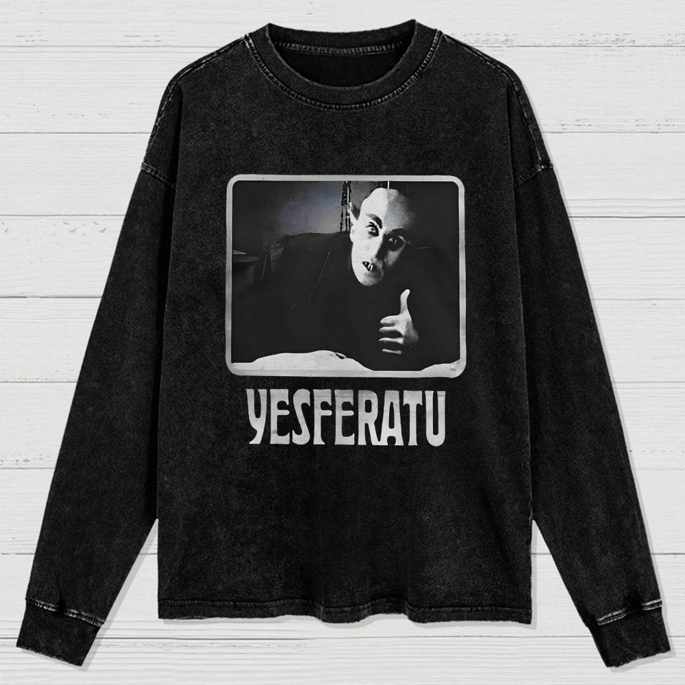 Yesferatu Funny Horror Retro Washed Long Sleeve Tee