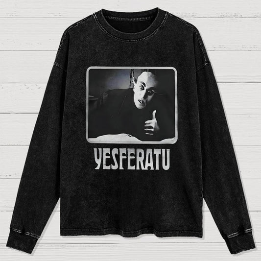 Yesferatu Funny Horror Retro Washed Long Sleeve Tee