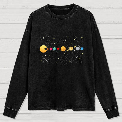 Funny Solar System - Astronauts Space Video Games Washed Long Sleeve Tee
