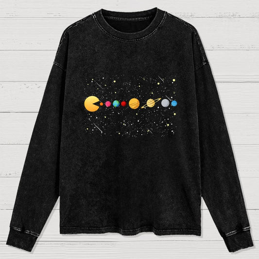 Funny Solar System - Astronauts Space Video Games Washed Long Sleeve Tee