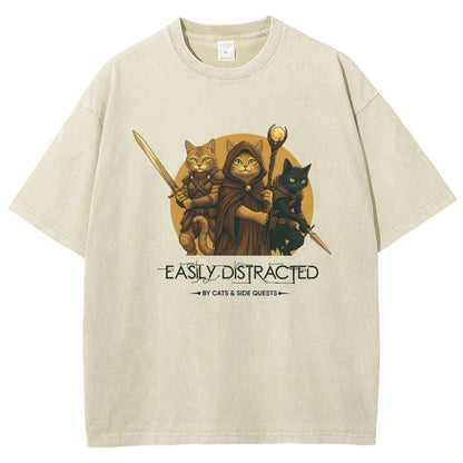 Easily Distracted By Cats And Side Quests Vintage Distressed T-shirt