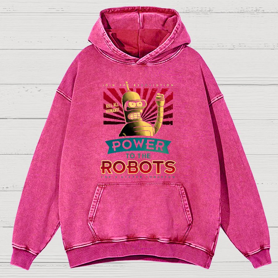 Power To The Robots Vintage Distressed Hoodie