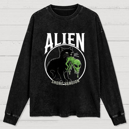 Black Cat Eating Alien Washed Long Sleeve Tee
