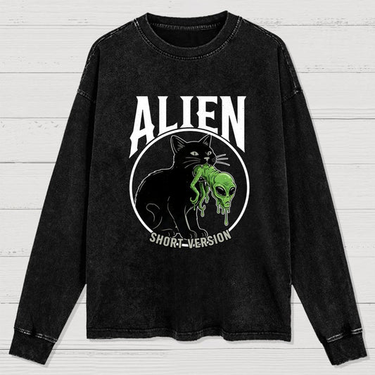 Black Cat Eating Alien Washed Long Sleeve Tee