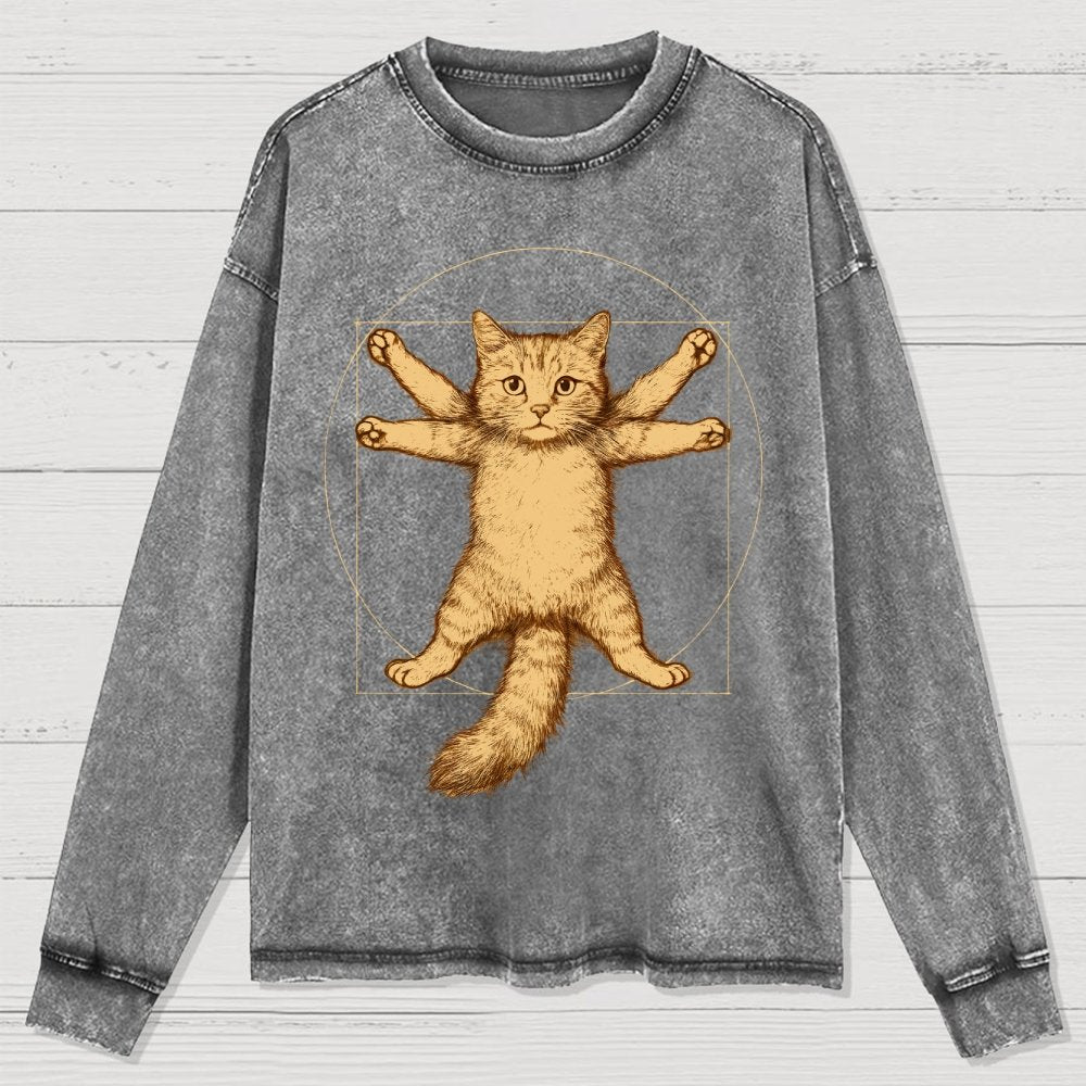 Leonardo Da Vinci-Inspired Vintage Cat Washed Long Sleeve Tee