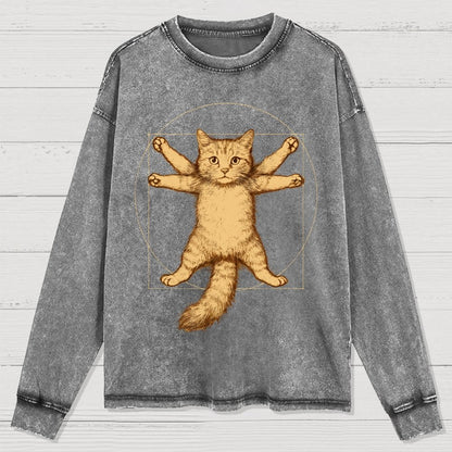 Leonardo Da Vinci-Inspired Vintage Cat Washed Long Sleeve Tee
