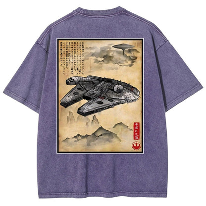 Escape from Sky City woodblock Back Print Washed T-Shirt