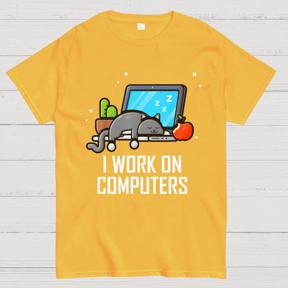 I Work On Computers Funny Cute Tech Coding Cat Geek T-Shirt