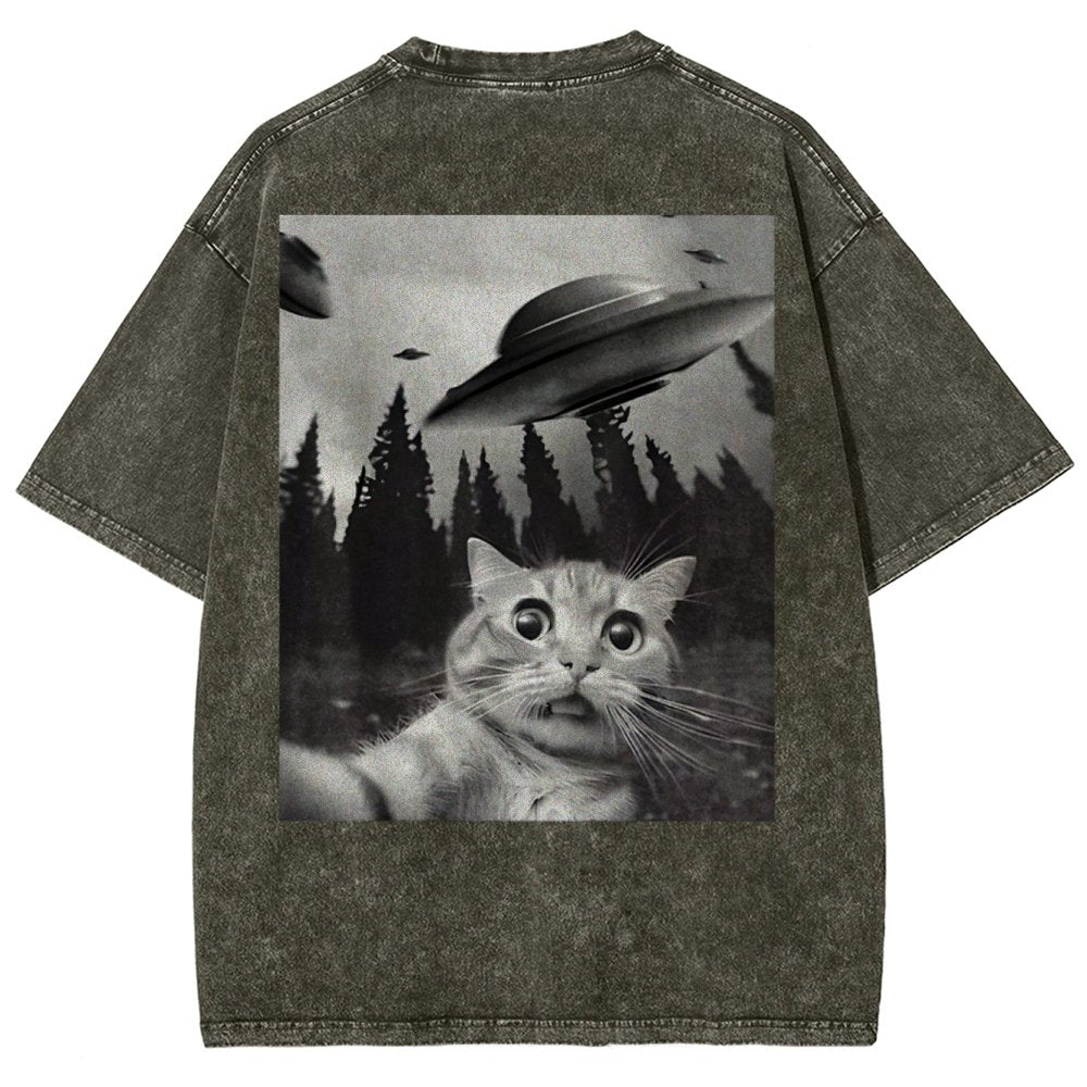 Ufo Cat Back Washed T-Shirt