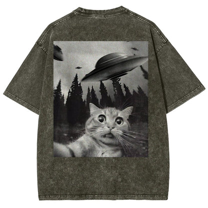 Ufo Cat Back Washed T-Shirt