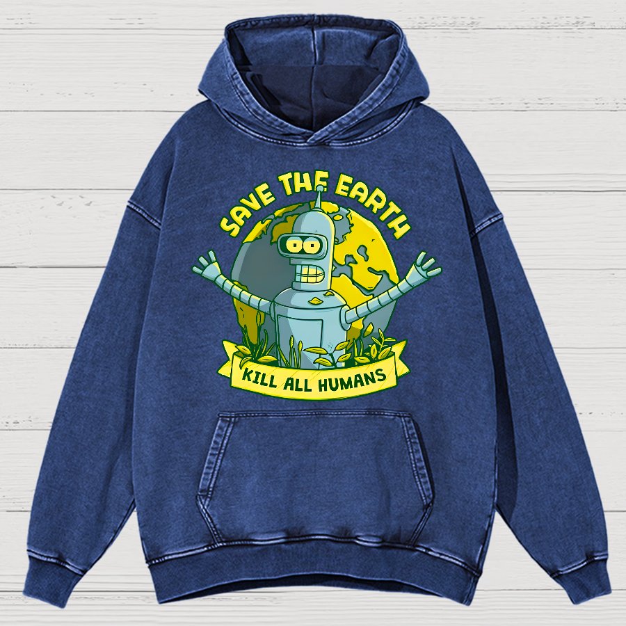 Save The Earth Kill All Humans Vintage Distressed Hoodie