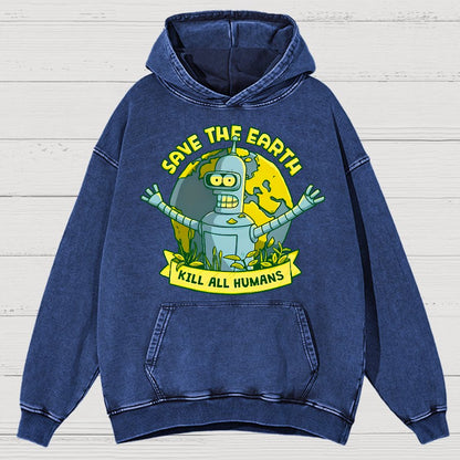 Save The Earth Kill All Humans Vintage Distressed Hoodie