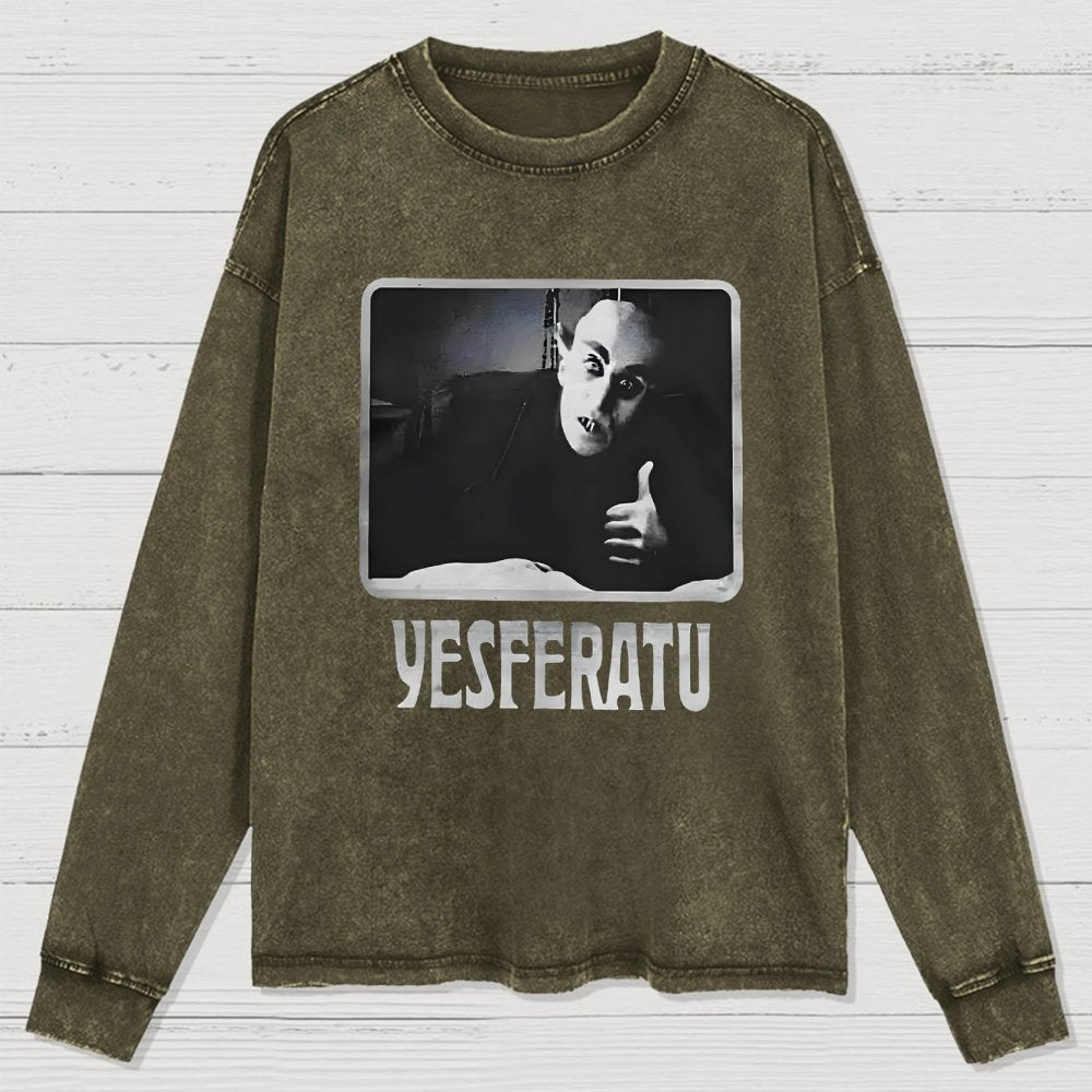 Yesferatu Funny Horror Retro Washed Long Sleeve Tee