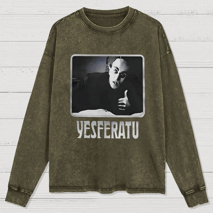 Yesferatu Funny Horror Retro Washed Long Sleeve Tee
