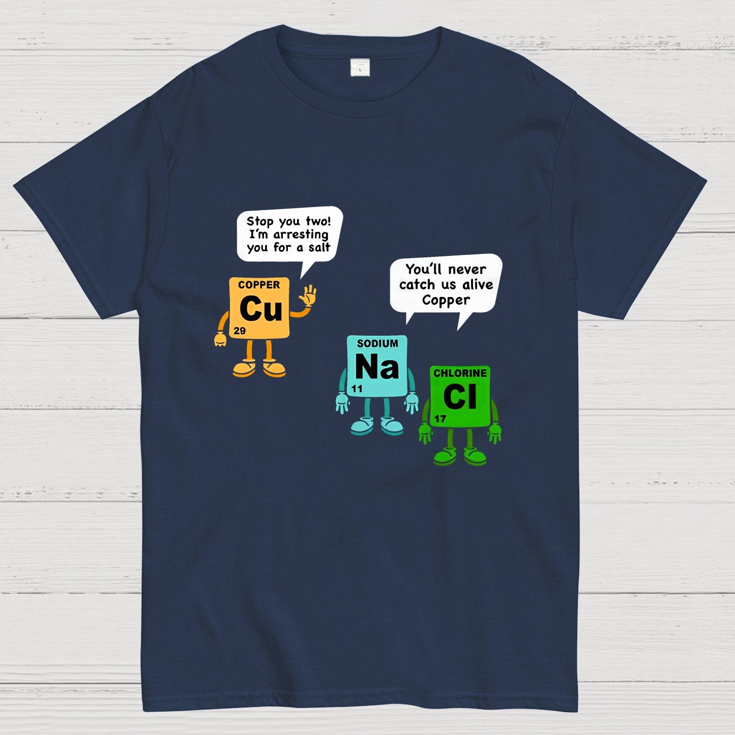 Funny Salt and Copper Periodic Table Police Pun Geeky T-Shirt