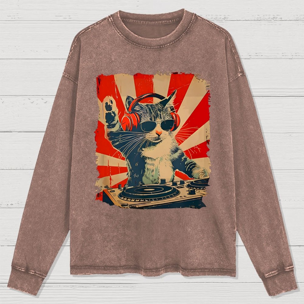 Rock Music Cat Washed Long Sleeve Tee