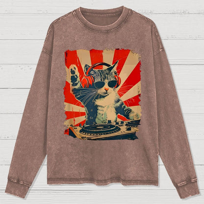 Rock Music Cat Washed Long Sleeve Tee