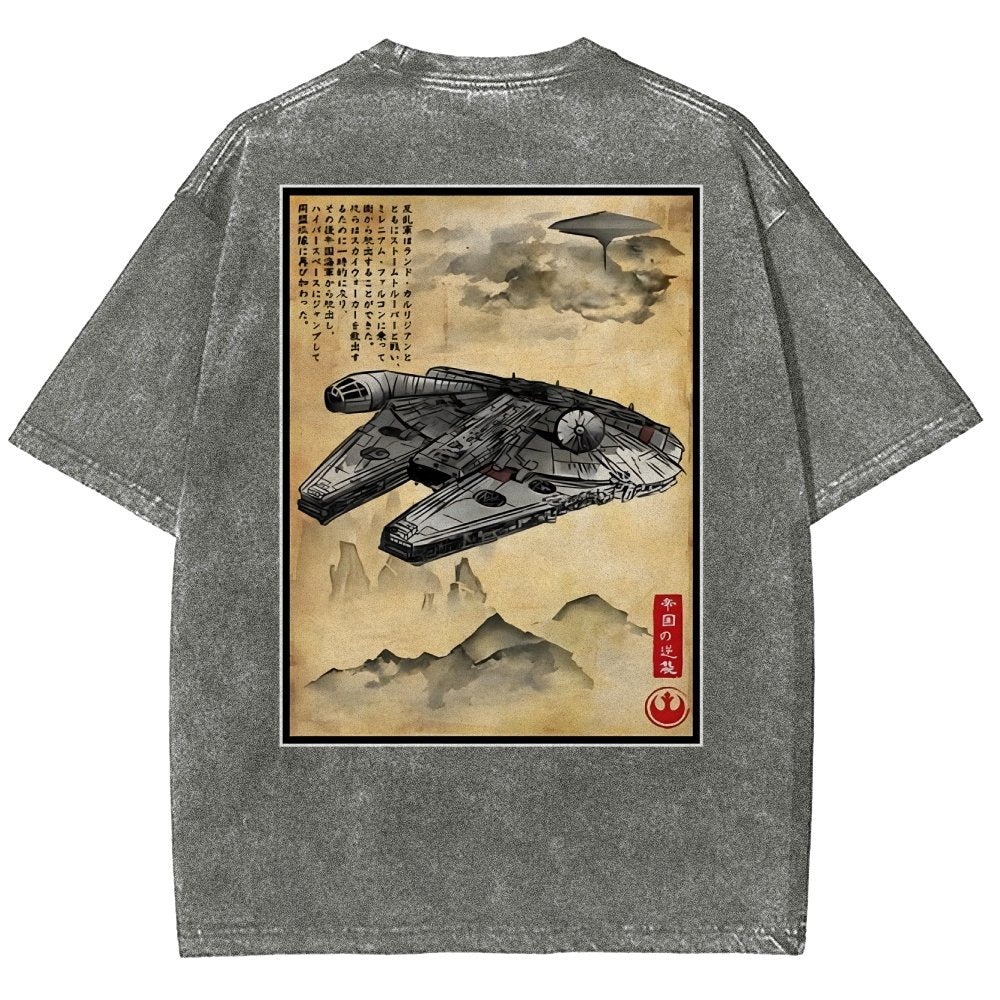 Escape from Sky City woodblock Back Print Washed T-Shirt