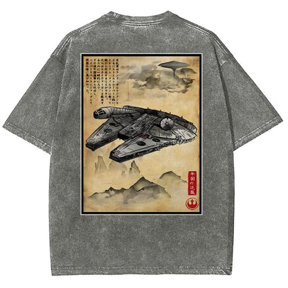 Escape from Sky City woodblock Back Print Washed T-Shirt