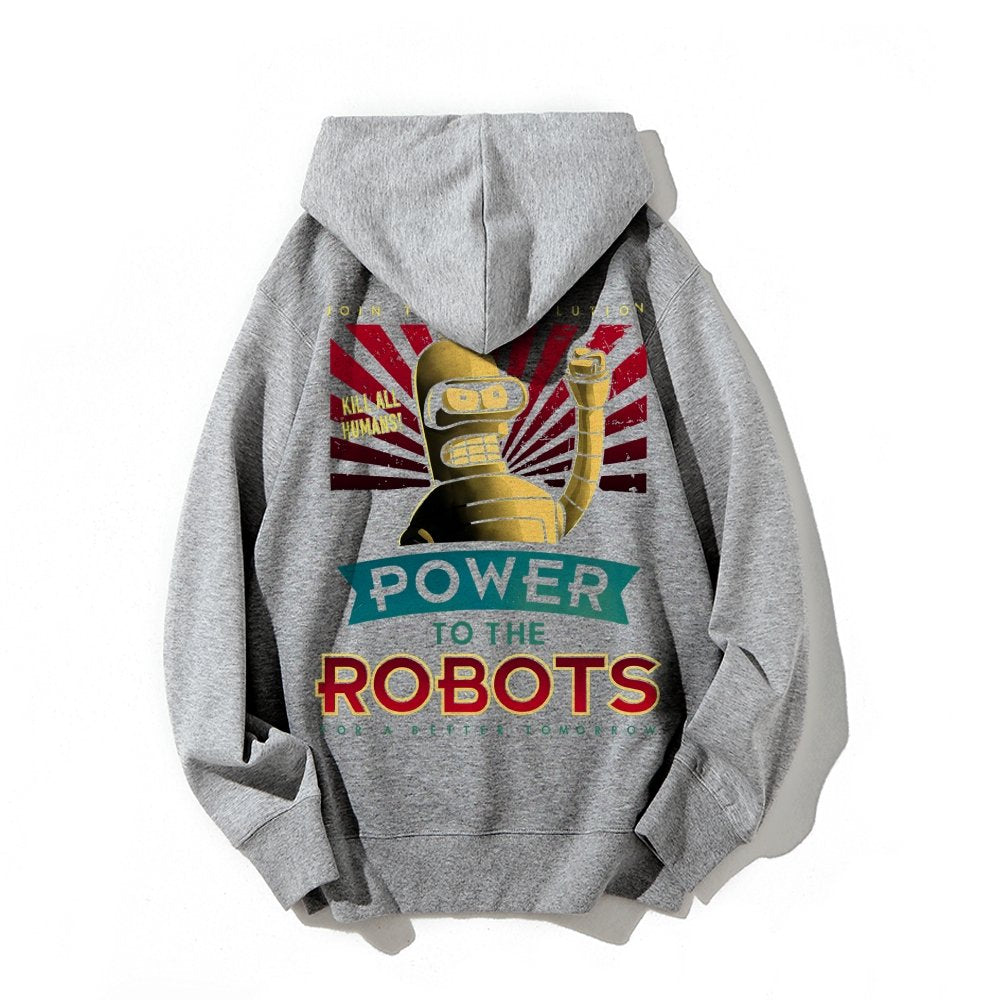 Power To The Robots Printed Back Cotton Hoodie