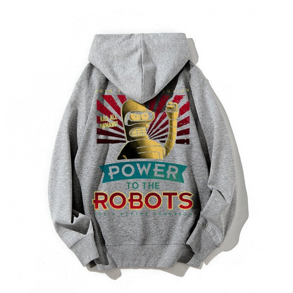 Power To The Robots Printed Back Cotton Hoodie