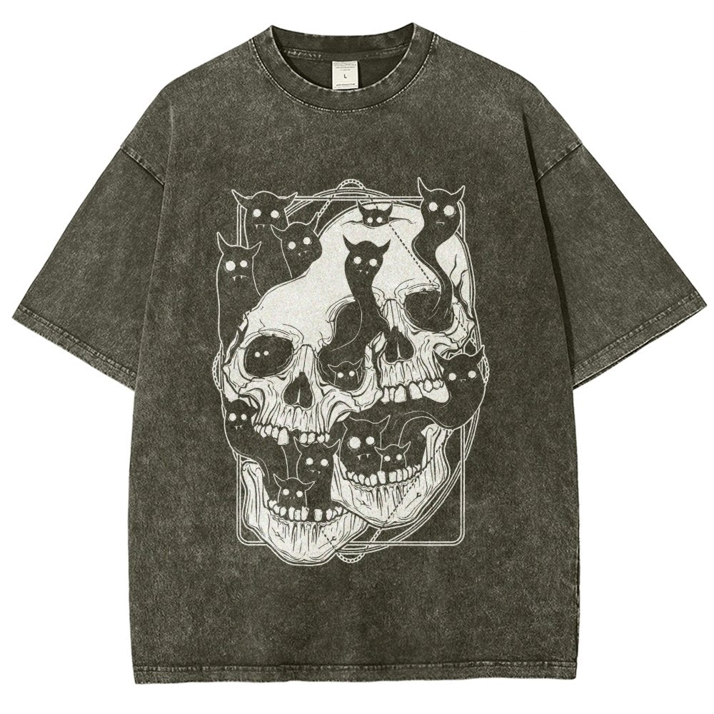 Cat Ghost Double Skull Vintage Distressed T-shirt