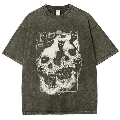 Cat Ghost Double Skull Vintage Distressed T-shirt