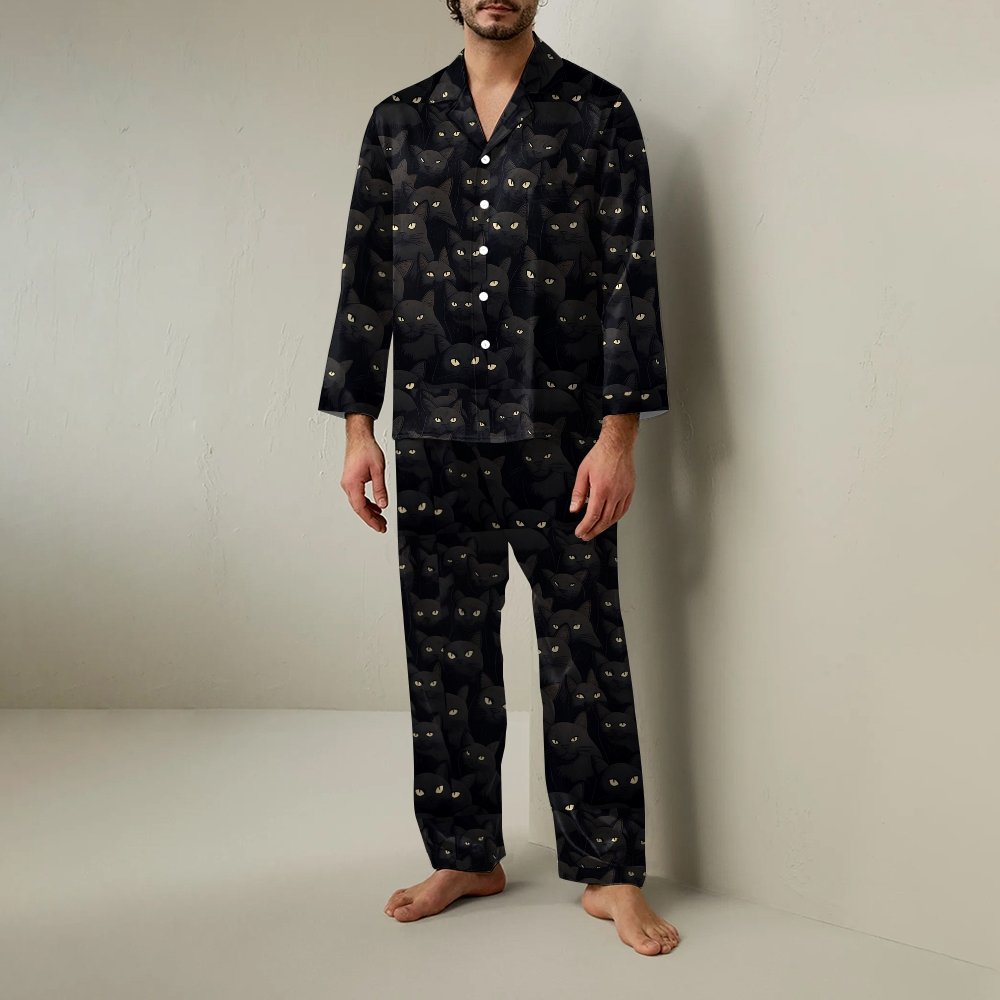 Black Cat Art Print Geek Long Sleeve Pajama Set