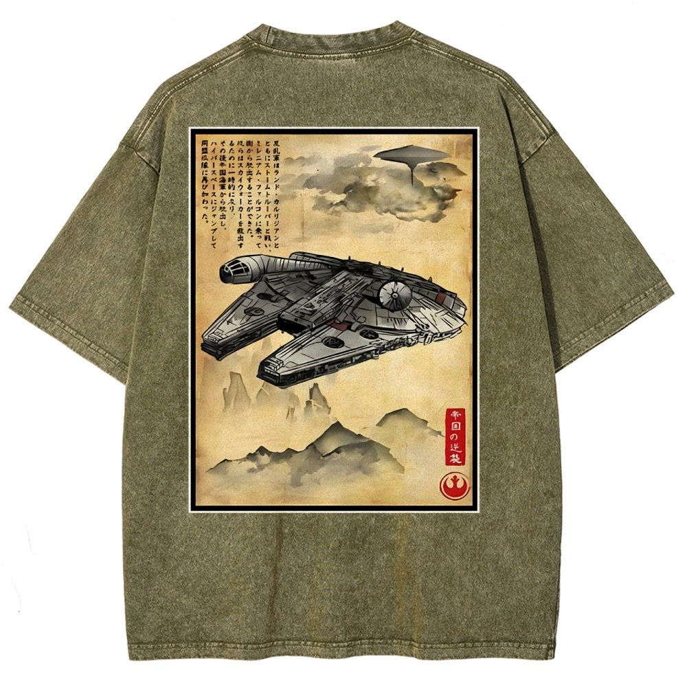 Escape from Sky City woodblock Back Print Washed T-Shirt