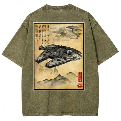 Escape from Sky City woodblock Back Print Washed T-Shirt