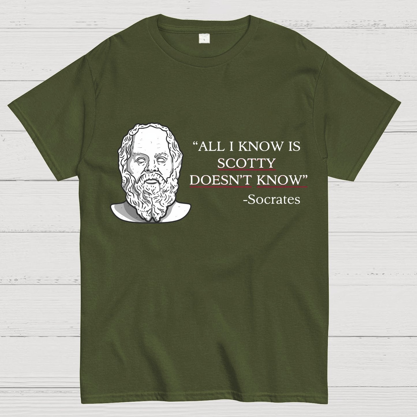ALL I KNOW IS SCOTTY DOESNT KNOW Small Quantity Socrates Nerdy T-Shirt