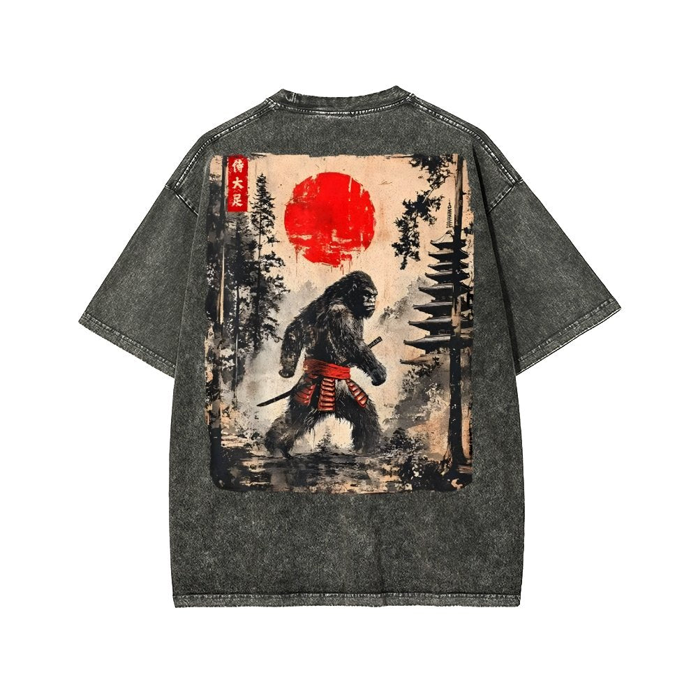 Funny Samurai Ukiyo-e Vintage Graphic Washed T-shirt