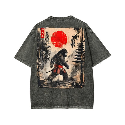 Funny Samurai Ukiyo-e Vintage Graphic Washed T-shirt
