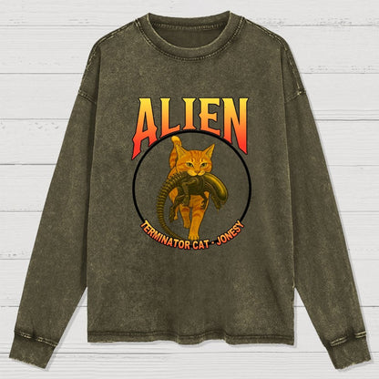 Black Cat Eating Alien Washed Long Sleeve Tee