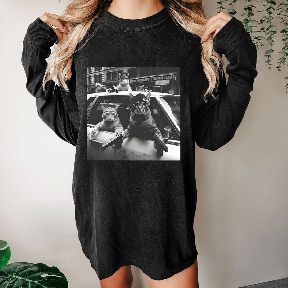 Funny Cat Gang Vintage Washed Long Sleeve Tee