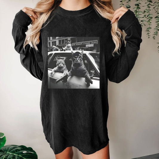Funny Cat Gang Vintage Washed Long Sleeve Tee