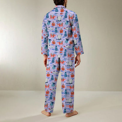 Halloween Cat Art Print Geek Long Sleeve Pajama Set