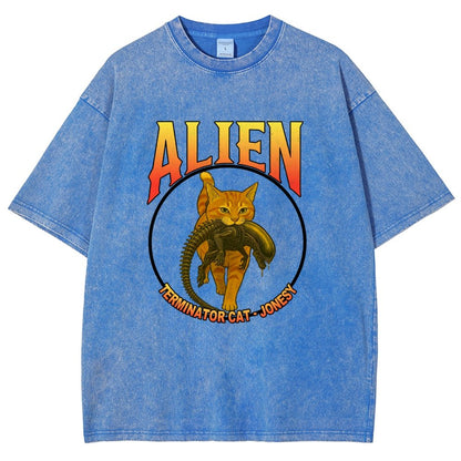 Black Cat Eating Alien Vintage Distressed T-shirt