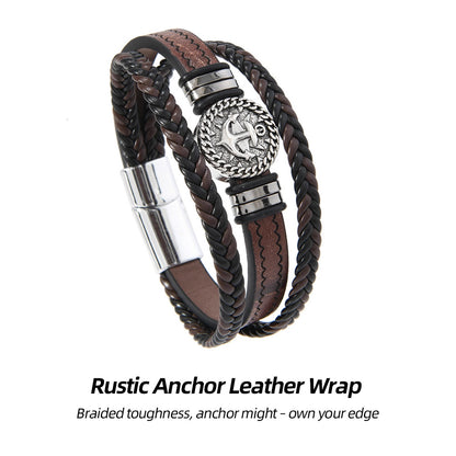 Vintage Anchor Leather Bracelet | Stacked braids, anchor rebellion – ride the wave